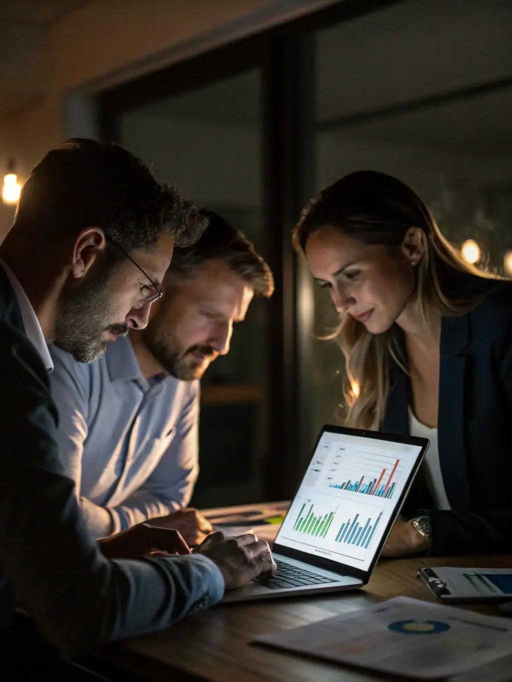 Auditors meticulously examining financial records and using data analysis tools to ensure accuracy and compliance.