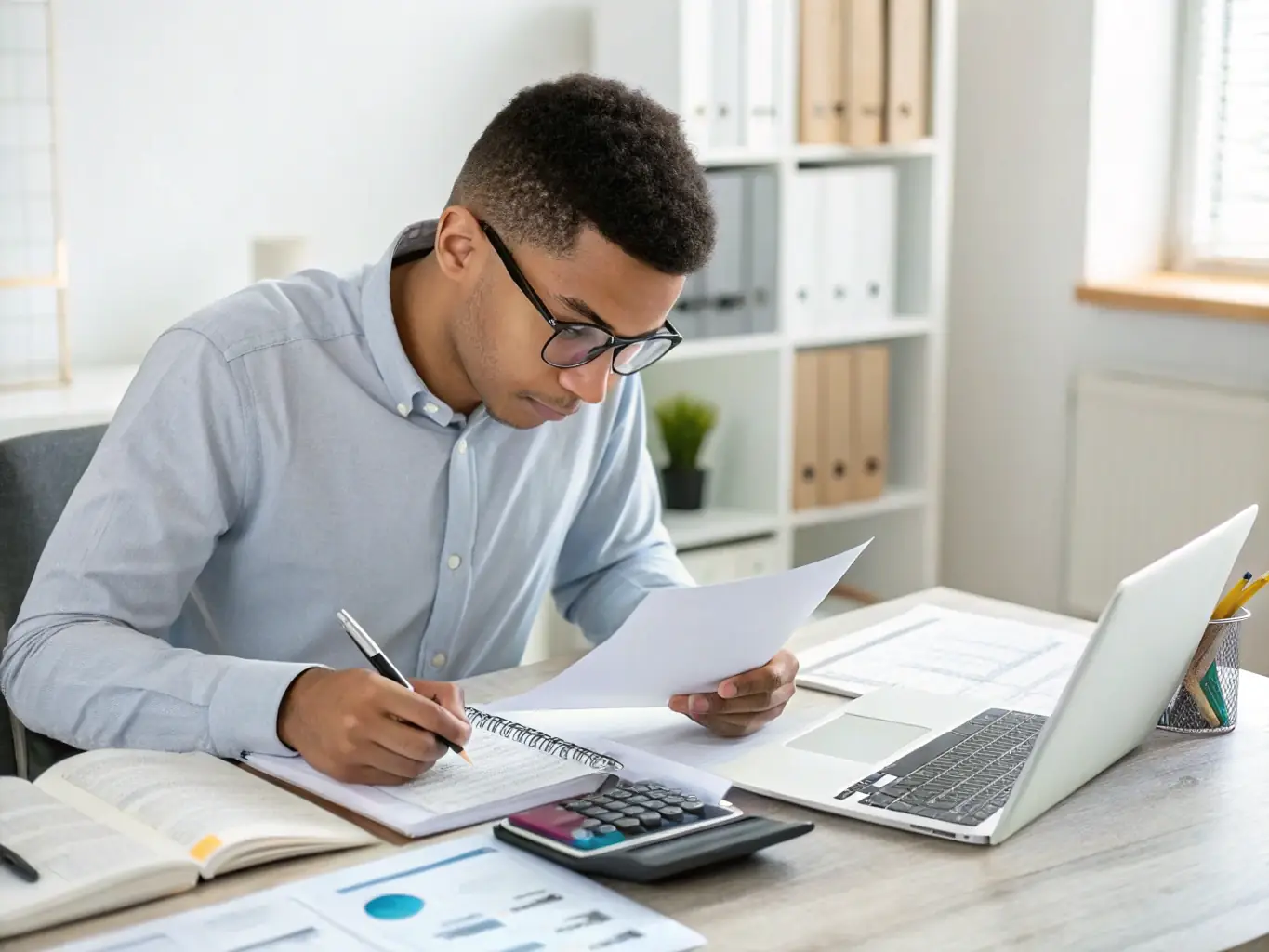 An auditor meticulously reviewing financial statements in a well-lit office, highlighting the importance of compliance and accuracy in financial reporting.
