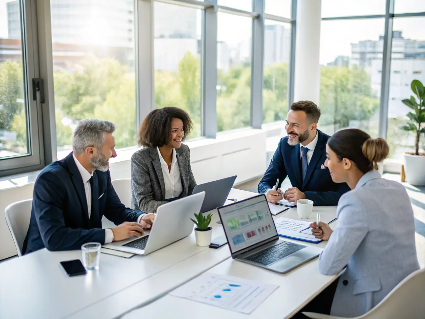 A consultant working with a business team to optimize their processes, using visual aids and data analysis.
