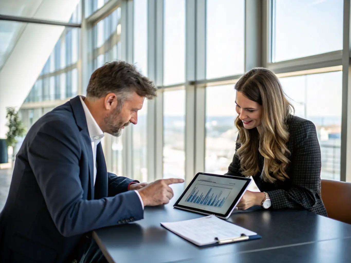 A consultant working with a client on a business strategy plan, showcasing business strategy consulting services.
