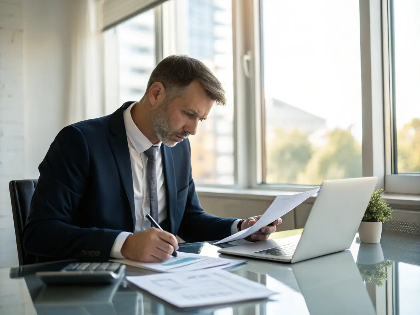 An image of an auditor reviewing financial documents with a calculator and laptop, representing financial and operational auditing services.