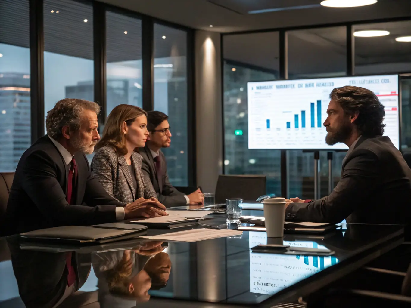 A strategic planning session with business executives discussing growth strategies and market analysis.