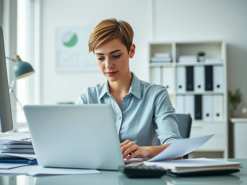 A professional auditor reviewing financial documents in a modern office setting, symbolizing financial auditing services.