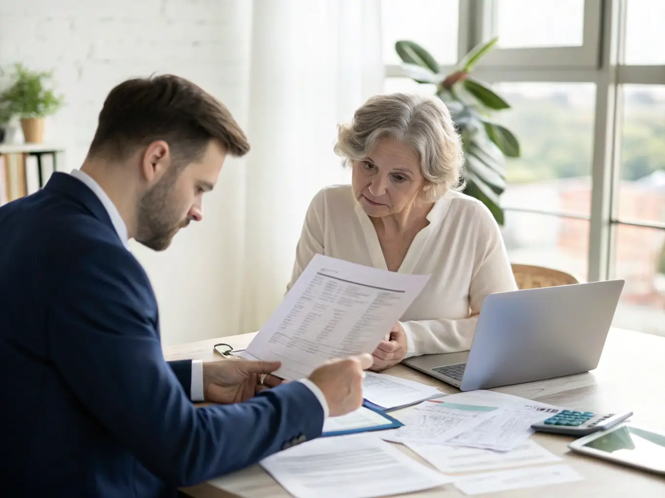 A professional consultant in a modern office setting, reviewing financial documents with a client, symbolizing strategic business planning and financial oversight.
