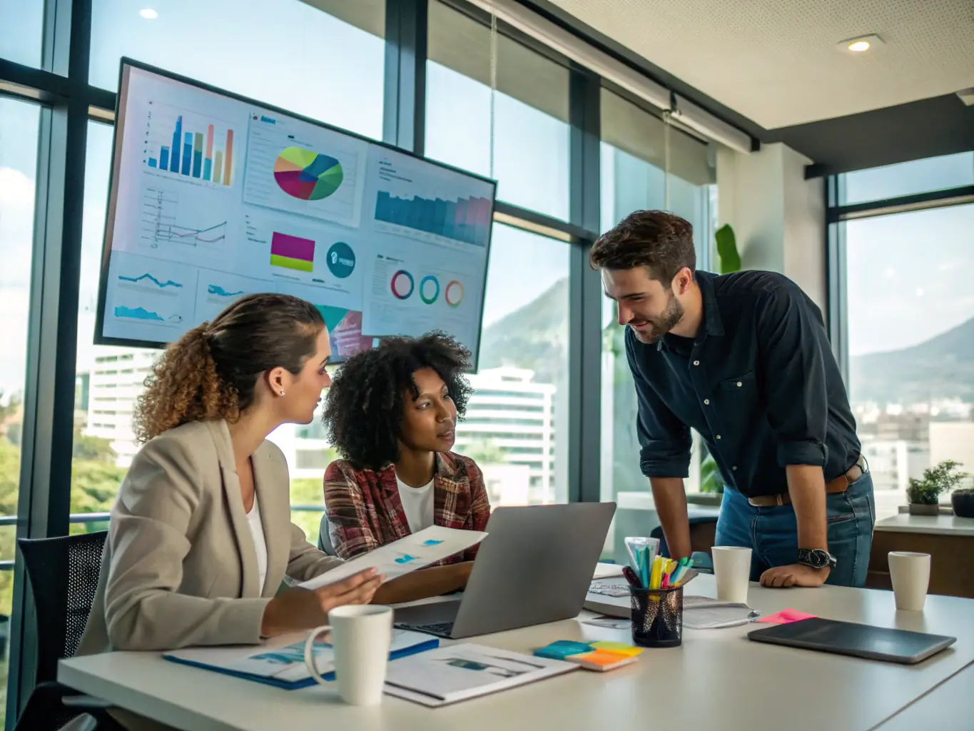 An image of a business team analyzing charts and strategic plans in a modern office setting, symbolizing business strategy consulting.
