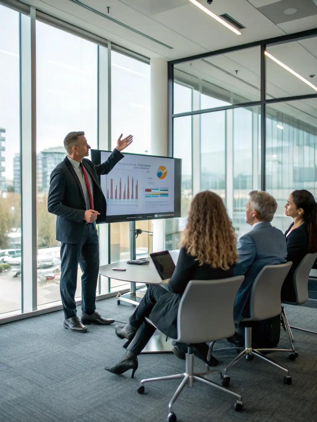 A consultant presenting a detailed report on risk management to a board of directors in a corporate boardroom.