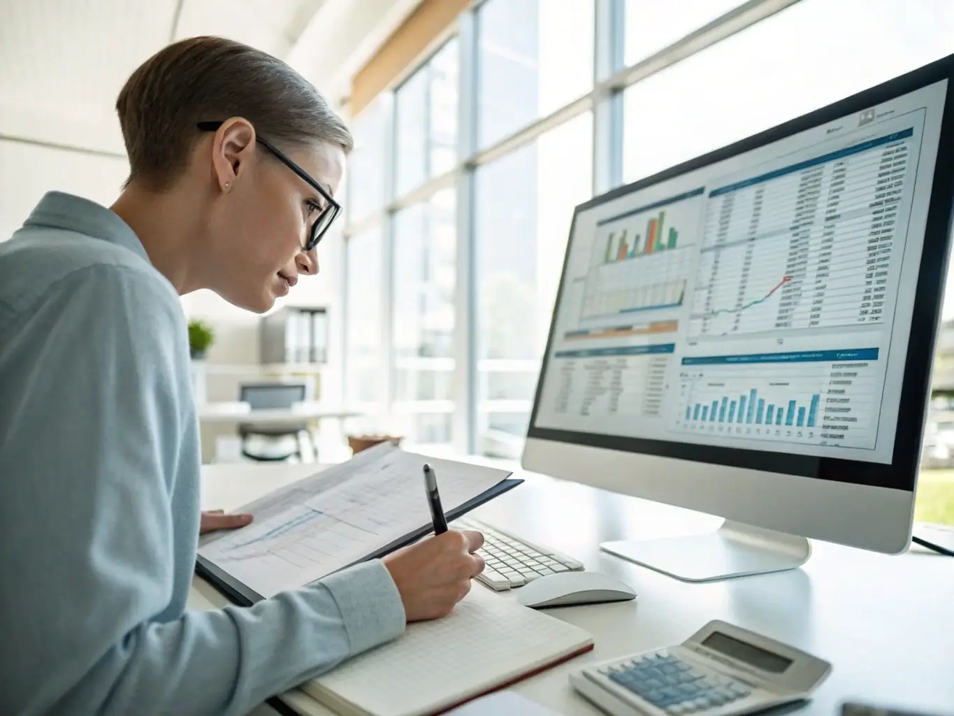 A professional auditor reviewing financial documents in a modern office setting, symbolizing financial and operational auditing services.
